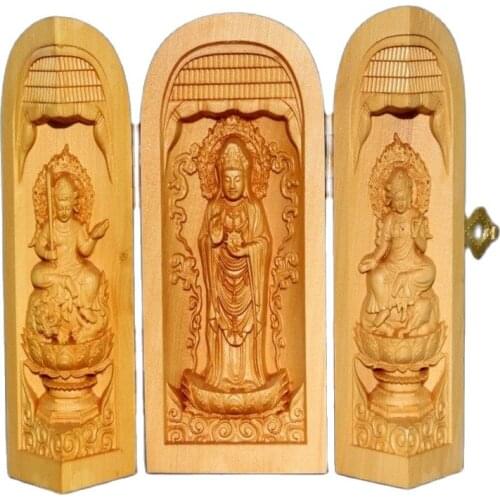 Ancient Chinese Wood Hand Carved Floding Box --- Avalokitesvara & Heart Sutra