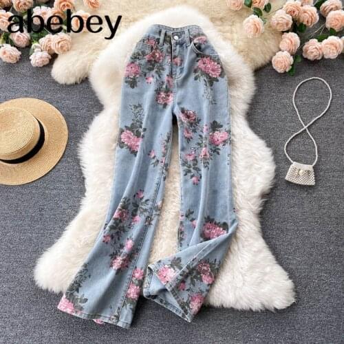 Design Rose Flower Jeans Women Fashion Retro High Waist Pants Autumn Korean Streetwear Wide Leg Denim Long Trousers