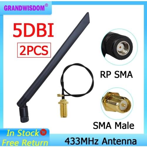 2pcs 433Mhz Antenna 5dbi GSM 433 mhz RP-SMA Connector Rubber Lorawan antenna+ IPX to SMA Male Extension Cord Pigtail Cable