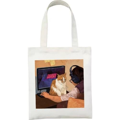 Women Canvas Shopping Bag Oil Painting Kittens Expression Printing Bag Female Shoulder Eco Handbag Tote Reusable Grocery Bags