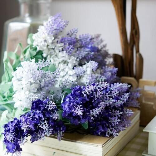 10 Heads/Bouquet Artificial Flowers Romantic Provence Purple Lavender Bouquet with Green Leaves for Home Decorations Indoor