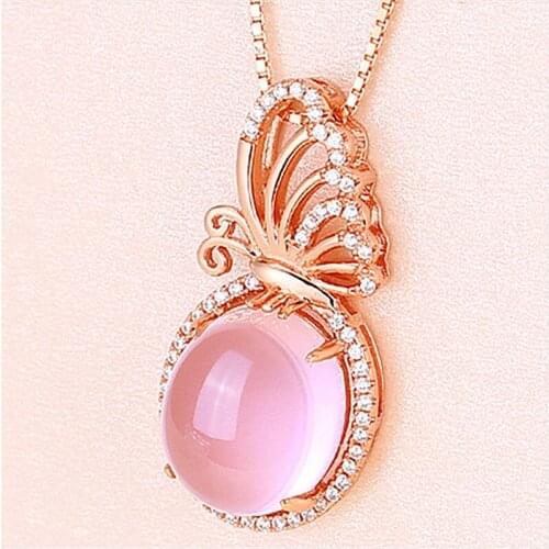 Exquisite Rose Gold Plated Butterfly Necklace Natural Pink Gems Crystal Necklace Bridal Wedding Jewelry Lovers Xmas Gifts