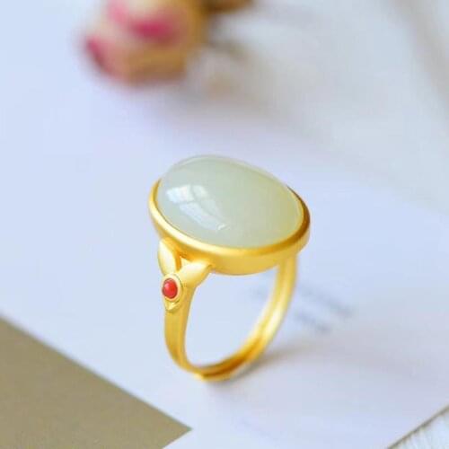 Natural Hetian Jade Ring Inlaid Egg Noodle Ring S925 Sterling Silver Inlaid White Jade South Red Egg Noodle Ring Rings Open Mou