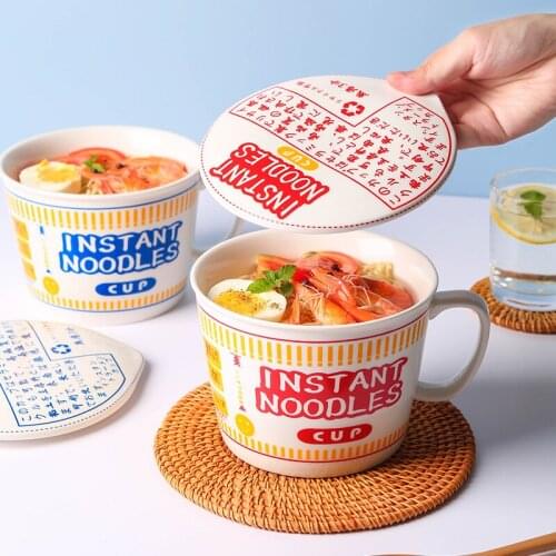 Creative Japanese Instant Noodle Ceramic Mug Bowl With Cover Bento Box Student Lunch Box Instant Noodle Bowl Soup Bowl Tableware
