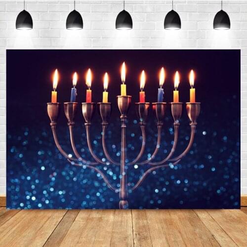 Laeacco Hanukkah Candle Menorah Blue Glitter Sequin Light Bokeh Birthday Custom Photographic Photo Background For Photo Studio