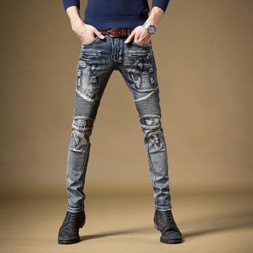 New 2019 mens male hole jeans tide brand retro old stitching Slim Korean version of the trend trousers pants