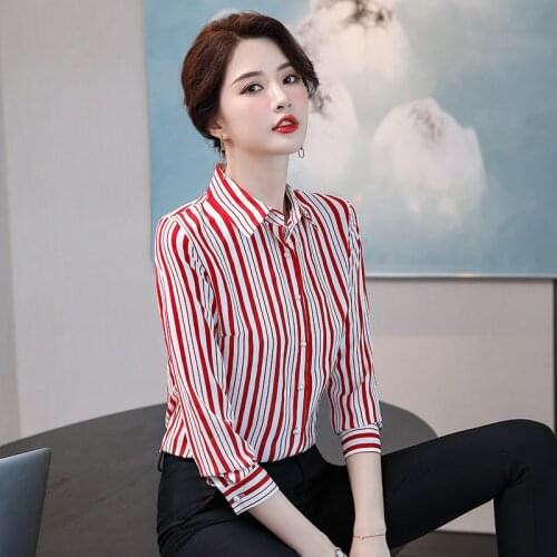 IZICFLY New Korean Style Fashion Red Striped Shirt Women Work Wear Slim Casual Winter Autumn Office Long Sleeve Elegant Blouse