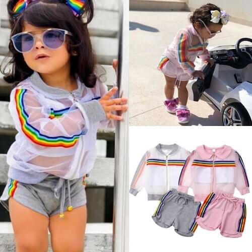 2019 New Toddler Girl Clothes Set Summer See Through Coat Crop Top Shorts Baby Girls Long Sleeve Coat+Vest+Short Pants Outfits