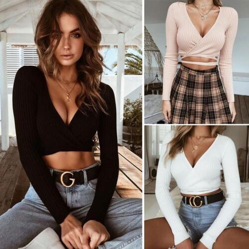 2020 New Hot Autumn Womens Slim T-Shirt Black White Khaki Long Sleeve T shirt Cross Deep V-neck Sexy Crop Top Selling Sexy Tops