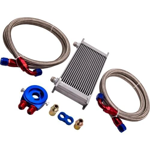 New 19 Row AN10 Universal Engine Transmission Oil Cooler + Filter Adaptor Kit Silver