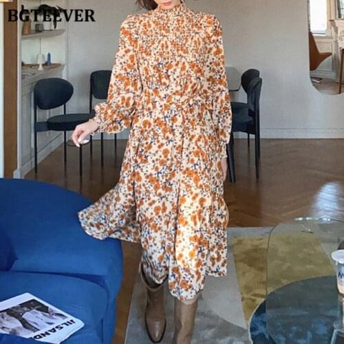 BGTEEVER Vintage Half Turtleneck Women A-line Dress Autumn Full Sleeve Slim Waist Female Floral Dress Elegant Ladies Vestidos