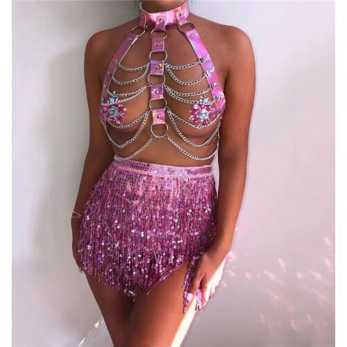 Eye-catching Shiny Two Piece Set Laser Multilayer Cage Bra With Metal O Ring Bling Sequins Tassel Mini Skirt Festival Outfits