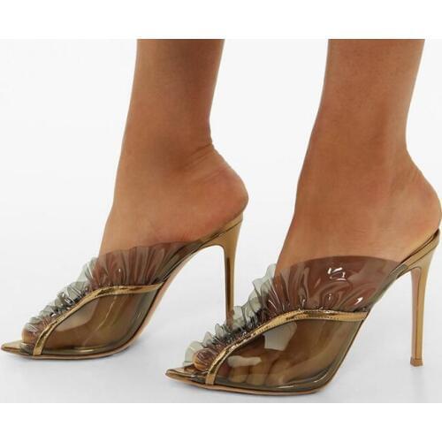 Transparent PVC Cheap Gold Gray Patchwork Open Toe Slip On Ruffles Sandals Woman Stiletto Heels Party Slippers Sandals Shoes