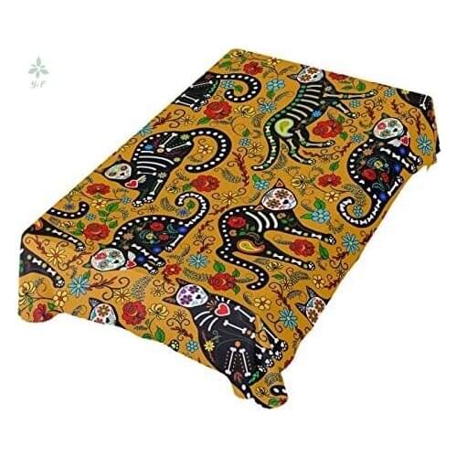 Sugar Skull Black Cats Mexican Day Of The Dead Rectangle Tablecloth Anti Wrinkle Table Cover For Dining Kitchen Parties