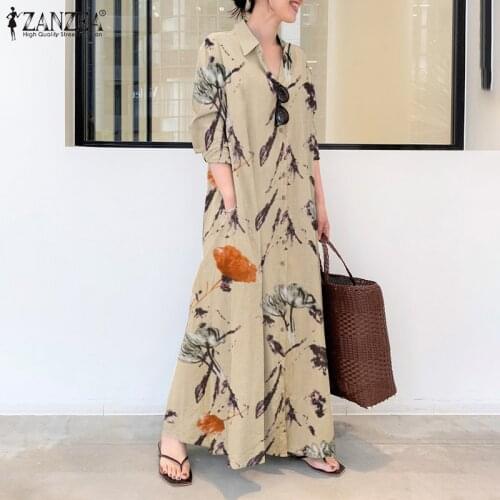 Women Floral Printed Sundress ZANZEA Fashion Spring Lapel Neck Buttons Long Shirt Dress Femme Long Sleeve Maxi Vestidos Robe