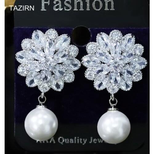 Euramerican 3A Cubic Zirconia Drop Earrings CZ Pearl Bridal Wedding Dangle Earrings Women Female Jewelry Accessories