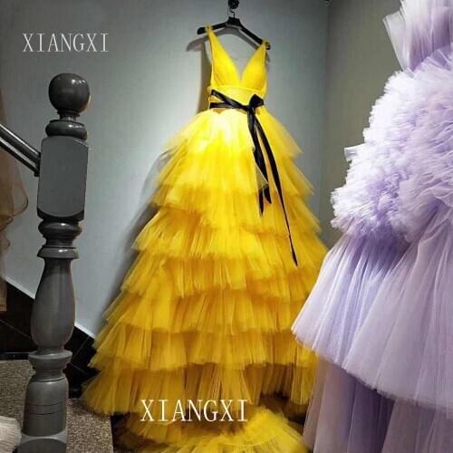 Chic jaune volants à plusieurs niveaux Tulle robes De soirée 2020 luxuriant va robes De bal grande taille à lacets dos Robe De s