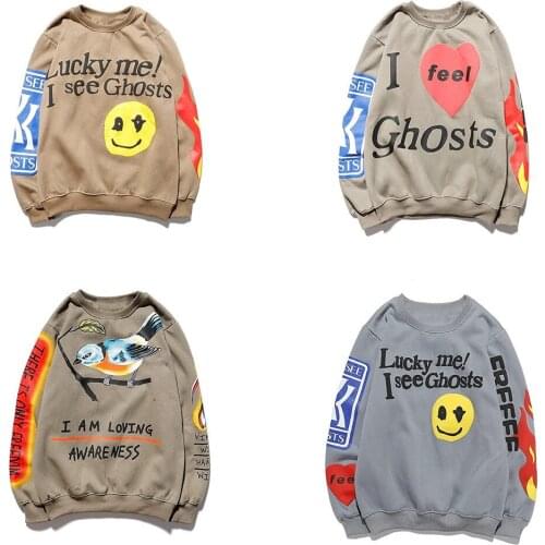 Men Kanye Smiley Flame Printing Sweatshirts Women Fashion Trendy Hip Hop O-Neck Long Sleeve Loose Sweatshirt Streetwear Pullover