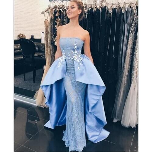 New Sheath Column Sky Blue Evening Dresses Strapless Satin Long Prom Gowns Formal Lace Girls Pageant Dress vestidos de noiva