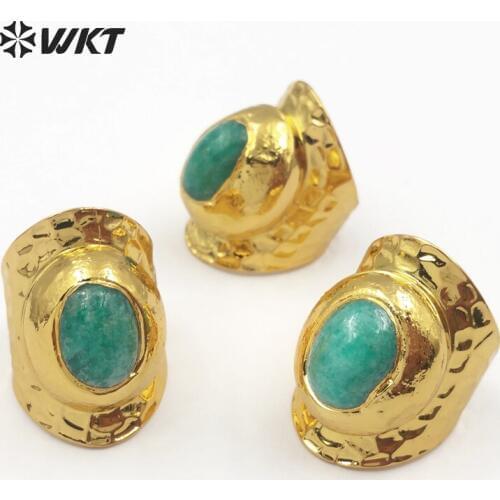 WT-R322 WKT Fashion design natural exquisite green stone and gold ring face adjustable round wide face ring