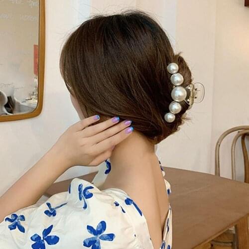 Faux Pearls Decor Banana Hair Claw Clip Styling Barrette Accessory for Women