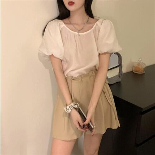 Womens Tops French Back Lace Puff Sleeve Shirt Womens Summer New Korean Style Loose and Thin All-match Blouse