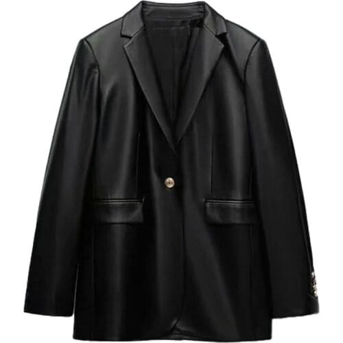 2021 Za Women Autumn New Fashion imitation leather Blazer Coat Vintage Long Sleeve Pockets Female Outerwear Chic