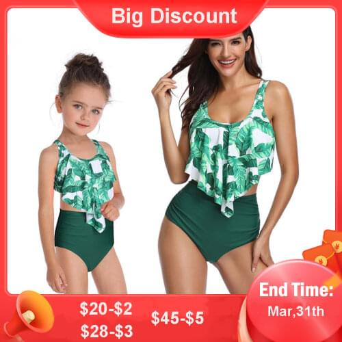 Mom and Daughter Swimsuit Family Matching Clothe High Waist Swimwear Mommy and Me Clothes Bikini Set Tree Leaf Family Look Dress