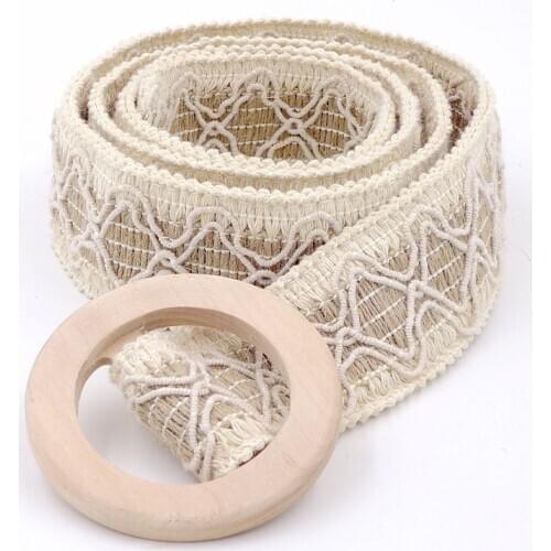AYUALIN Bohemia Lace Knitted Belts For Women Vintage Round Wooden Buckle Female Boho Girdle Casual Crochet Belt Hippie waistband