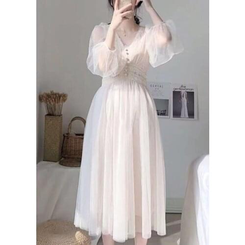 Dress women 2021 autumn plus size dress elegant button A-Line vestidos Solid Puff Sleeve Empire V-Neck lace voile mesh