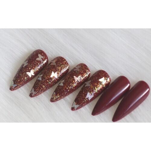 24pcs high-end fashion handmade crystal diamond long pointed fake nails sexy deep red