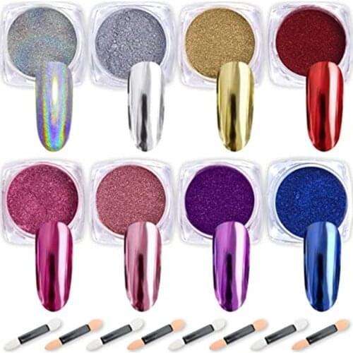 6 Jar Holographic Chameleon Chrome Mirror Laser Synthetic Resin Pigment Nail Powder Manicure Decoration With Eyeshadow Sticks