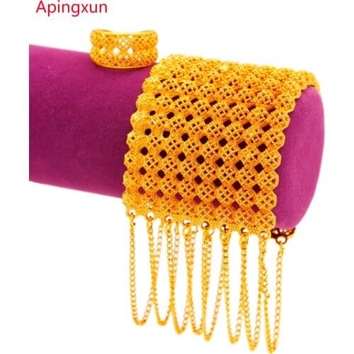 Apingxun Tassles Cuff Bracelet&Ring Set Dubai 24K Gold Color French Middle East Women Trendy Wedding Jewelry Wife Romantic Gift