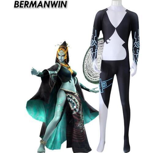 BERMANWIN High Quality Twilight Princess Midna costume black white spandex catsuit Adult Halloween Cosplay Costume