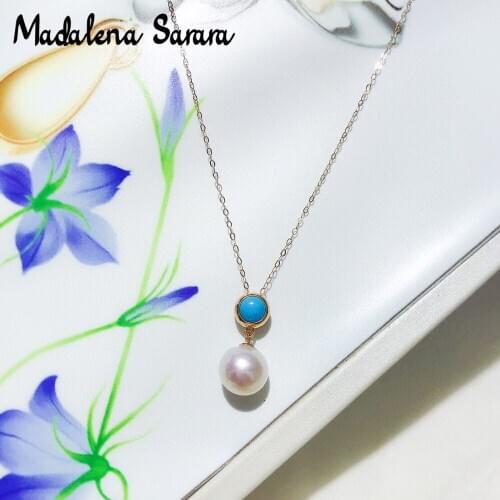 MADALENA SARARA 7.5-8mm Perfectly Round Freshwater Pearl Pure 18K Gold Chain Necklace Green Turquise Stone Inlaid