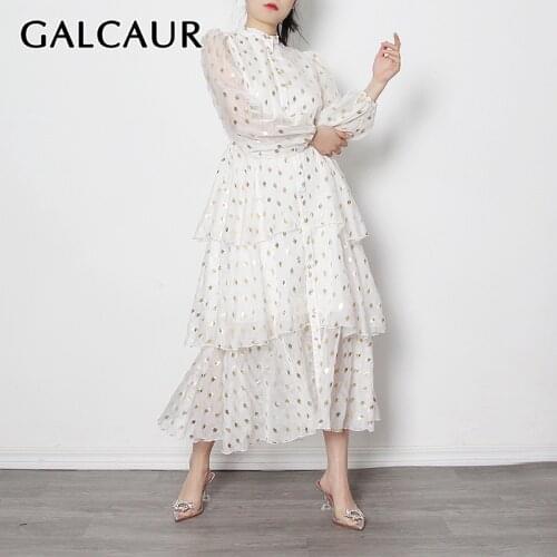 GALCAUR Elegant Dress For Women Stand Lantern Sleeve High Waist Sequins Dot Designer White Hit Color Mid Dresses Female 2021 New