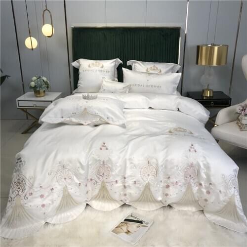 Premium Crown Embroidery Satin Like Silk Cotton White Gray Blue Pink Bedding Set Duvet Cover Bed Linen Fitted Sheet Pillowcases