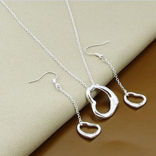 New Trendy Jewelry Sets 925 Sterling Silver Heart Tassel Earrings Necklace Set Women Wedding Jewelry Gift