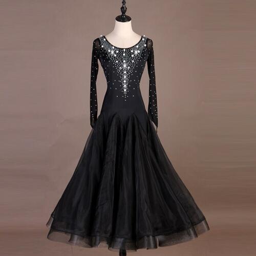 Modern Dance Costume Shiny Diamond And Pearl Long Sleeve Black Elegant Ballroom Dance Dress Waltz Competition Costume DQL1248