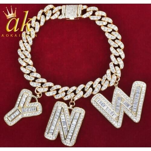Custom Name Baguette Letters With 10MM Cuban Chain Bracelet Mens Zircon Hip Hop Rock Jewelry Letter Replaceable