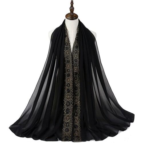 85*180CM 2021 New Style Ladies Pearl Lace Turban Monochrome Womens Hijab Scarf Malaysia Fashion Gauze Scarf Turbans for Women