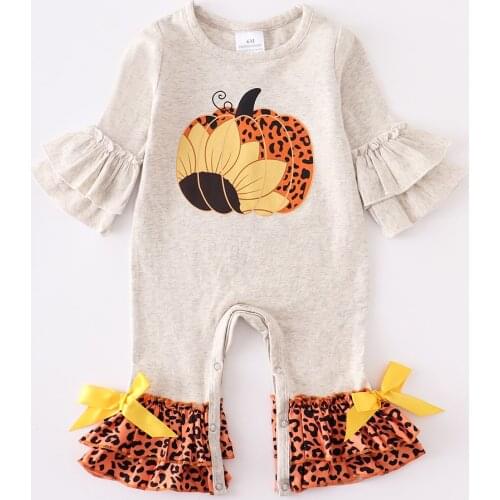 Girlymax Fall Autumn Jumpsuit Ruffles Sunflower Pumpkin Leopard Long Sleeve Baby Girls Kids Clothing Infant Romper Toddler