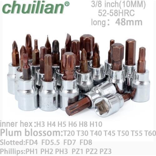 3/8 Inch 10mm Slotted Slotted Hex Pozidri H-type Bit Torx Screwdriver Bit Tools PH1 PH2 PH3 PZ3 PZ4 FD4 FD5.5 FD7 H5 long 48mm