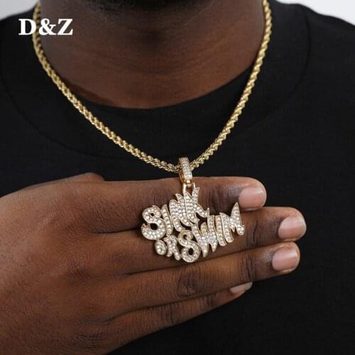 D&Z Letter 'Sink Or Swim'' Pendant Necklace Mens/Women Micro Paved CZ Stone Hip Hop Gold Silver Color Charm Chain Jewelry Gift