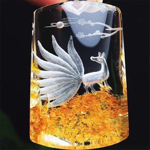 Nine-Tailed Fox Pendant Necklace Natural Yellow Glue Flower Quartz Fox Colorful Fairy Men Women New Jewelry Pendant With Chian