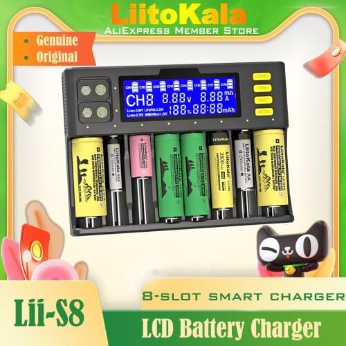 Genuine/Original LiitoKala Lii-S8 LCD 8 slots Battery Charger Li-ion 3.7V NiMH 1.2V 9V Li-FePO4 18650 26650 21700 26700 AA AAA