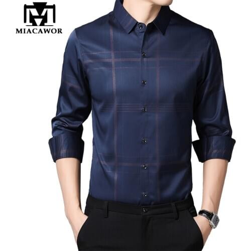 MIACAWOR New Spring Business Casual Plaid Shirt Men Long Sleeve Social Shirts Mens Slim Fit Camisa Masculina Mens Clothing C638
