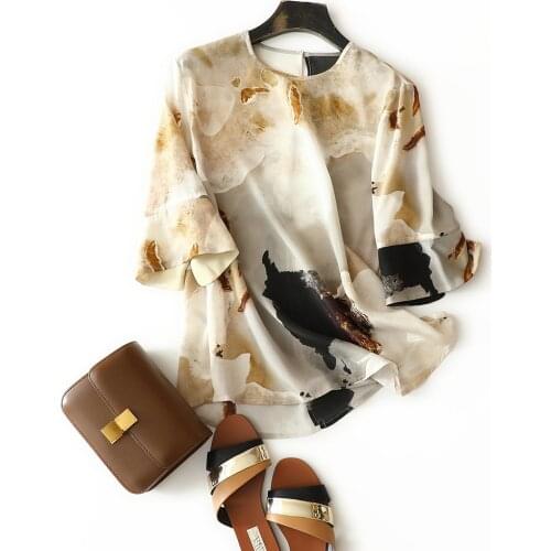 High quality 19mm 100% silk shirt women 2021 summer new arrival national style charm ink Jiangnan elegant retro printing tops