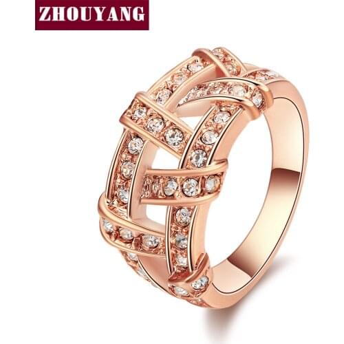 ZHOUYANG Top Quality Hollow out Rose Gold Color Ring Made with Genuine Austrian Crystals Full Sizes ZYR284 ZYR285