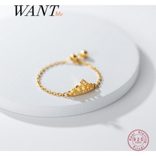 WANTME Genuine 925 Sterling Silver Noble Princess Crown Cuban Chain Adjustable Ring for Women Wedding Anniversary Jewelry Gift